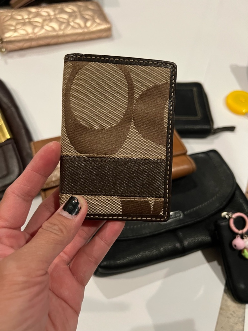 Coach Brown Signature Canvas Card Holder with Leather Trim